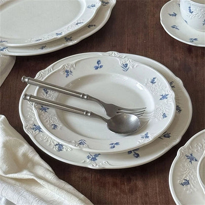 Simple Blue Printing Tableware Kitchen Supplies White Relief Tableware Western Dessert Steak Cake Dim Sum Fruit Dish Set