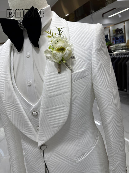 24H Ship High Quality Wedding Suit Set for Groom 3 Pieces Men's Fashion Suits One Button Shawl Neck Blazer Jacket Vest Pants