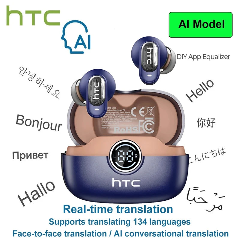 HTC NE79 TWS Bluetooth 6.0 Earphones AI Translator In-Ear HiFi Sound Headset for Sports Headset with Clear Call Mic