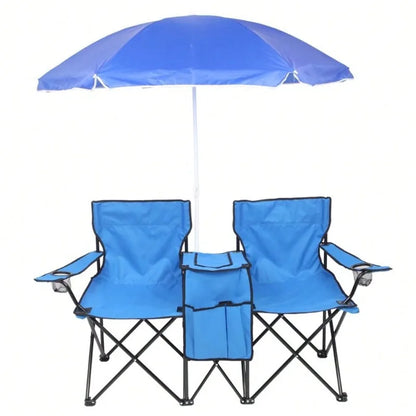 Portable Outdoor 2-Seat Folding Chair With Removable Sun Umbrella Blue