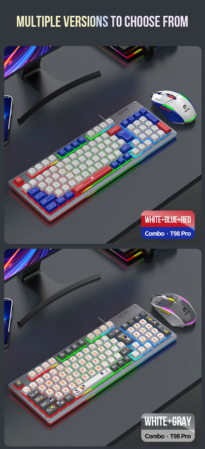 Mecha Style Gaming Wired Keyboard Mouse Set Rainbow Glow Backlit 98 Keys Metal Panel Laptop Desktop