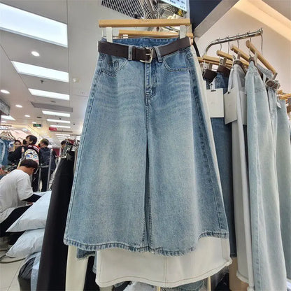 Summer Fashion Vintage Women Baggy Jeans Loose Leisure High Waist Solid Denim Pants Streetwear  Wide Leg Seven Quarter Jeans