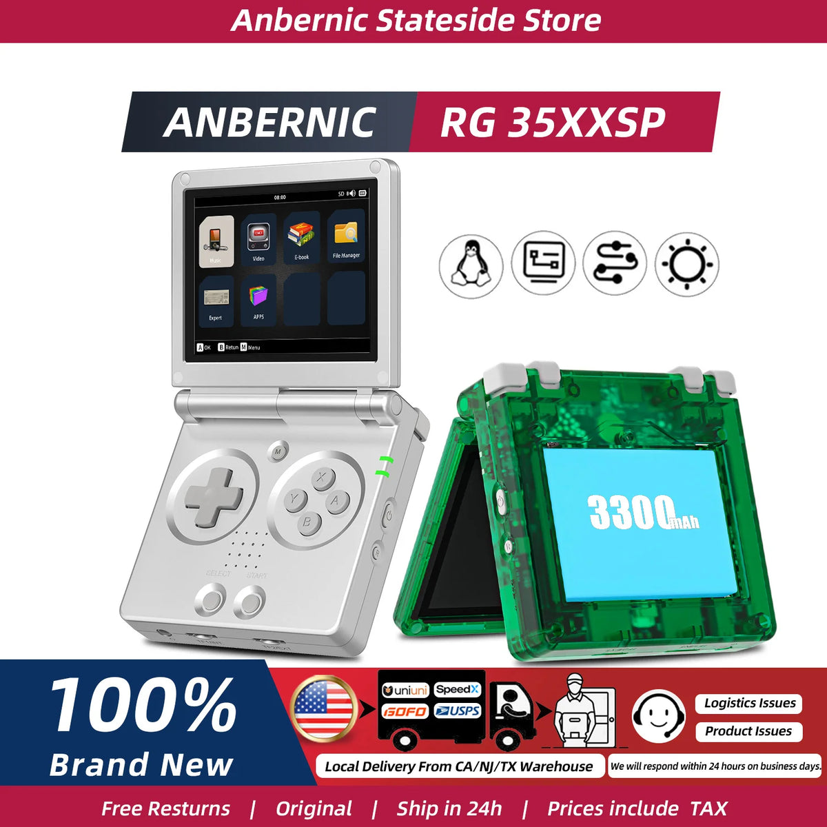 ANBERNIC RG35XXSP FILP 3.5 Inch IPS Screen Retro Game Console 64GB Built-in TF Card 3300mAh Battery Linux System HD TV Output Support Classic Casual Gaming  Built-in Hall Switch Chip