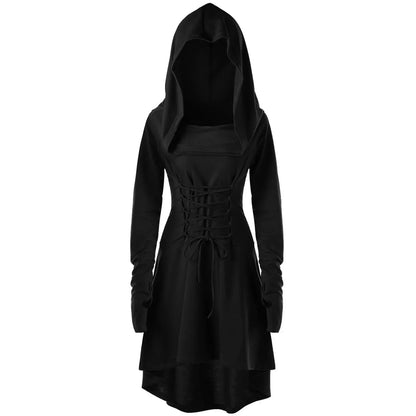 Medieval Cosplay Renaissance Archer Costumes Hooded Robe Lace Up Pullover Long Hoodie Dress Cloak Halloween Party