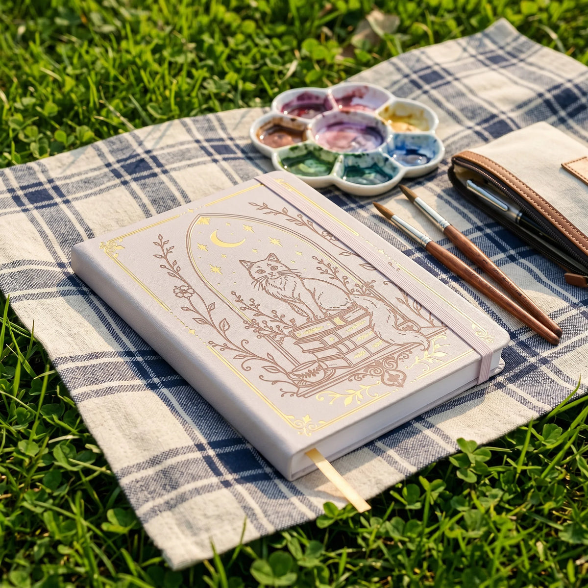 B6 Dot Grid Notebook, 160gsm Ivory Paper, 5mm Dotted Pages, Lay-Flat Hardcover with Gold Foil Cat Moon Design, Elastic Closure