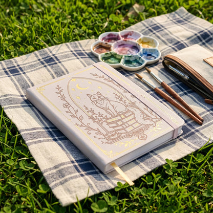 B6 Dot Grid Notebook, 160gsm Ivory Paper, 5mm Dotted Pages, Lay-Flat Hardcover with Gold Foil Cat Moon Design, Elastic Closure