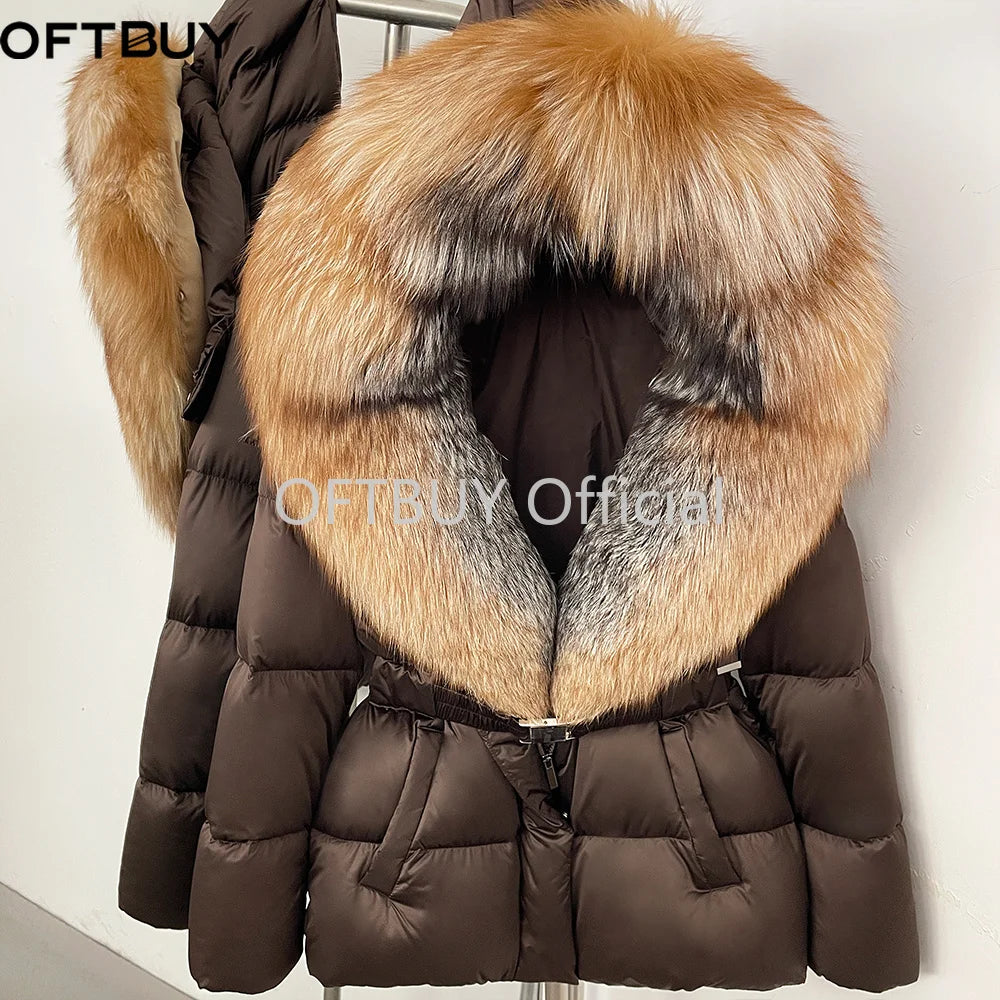 OFTBUY New Fashion Winter Clothes Women Duck Down Coat with Big Natural Fur Collar Belt Hooded Real Fox Fur Puffer Jacket Female