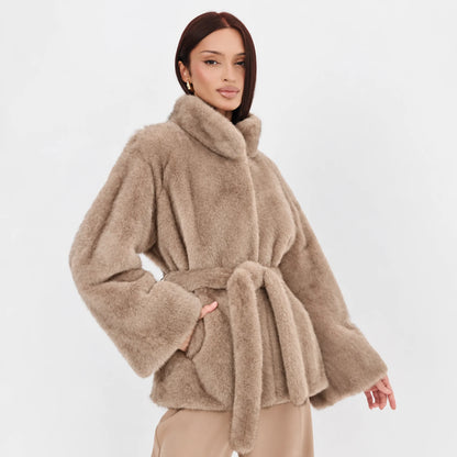2026 Autumn Winter Women Faux Mink Fur Coat Lapel Collar Belted Long Jacket Luxury Fluffy Outerwear Brown