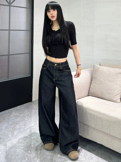 Women's Classic Black Loose American-Style Jeans, Trendy And Versatile Casual Wide-Leg Pants