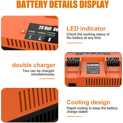 Powilling 2Port WA3875 Fast Charger for Worx 20v Battery WA3525, WA3520, WA3575, WA357