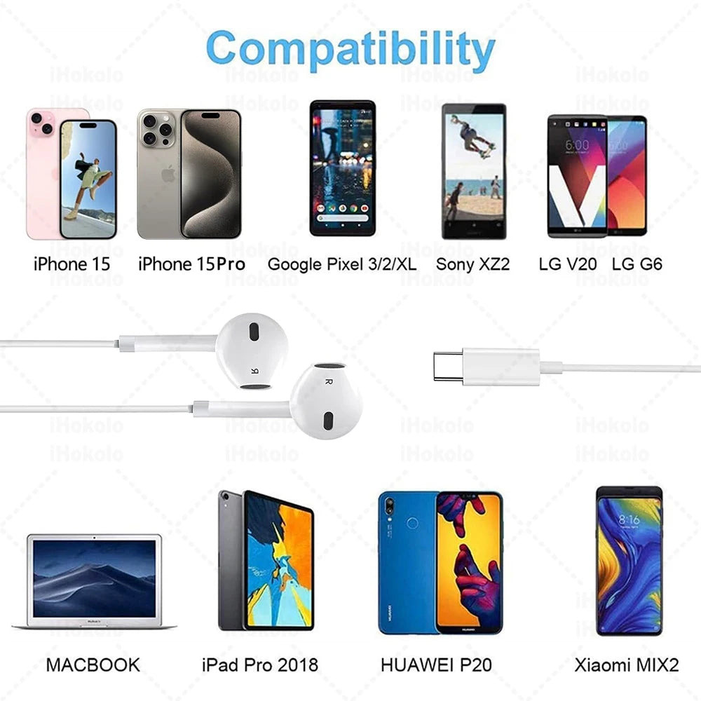 Original Wired Earphones For Apple iPhone 17 16 15 14 13 12 11 Pro Max iPad In-Ear Earbuds For Lightning USB-C 3.5mm Headphones