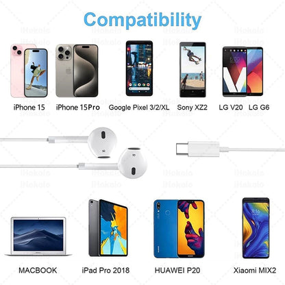 Original Wired Earphones For Apple iPhone 17 16 15 14 13 12 11 Pro Max iPad In-Ear Earbuds For Lightning USB-C 3.5mm Headphones
