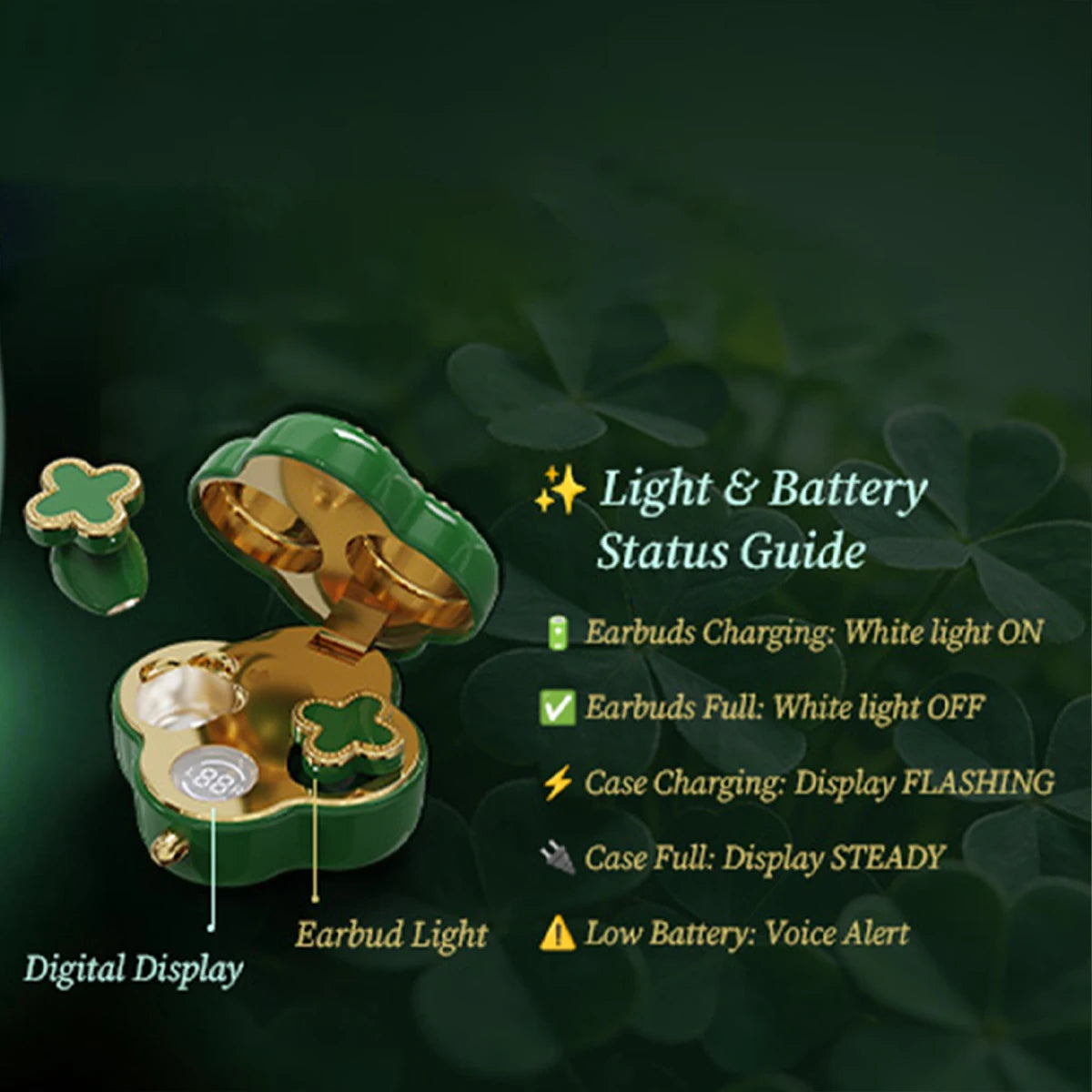 Luxury Four‑Leaf Clover TWS Earbuds MUCW CO06 Bluetooth 6.0 ENC Noise Cancelling Headset Light Weight Fashion Jewelry Earphone Gift for Ladies Daily Wear