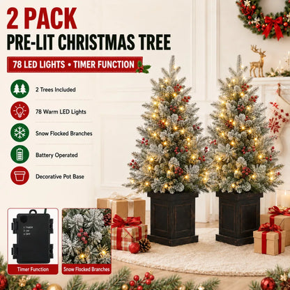 2PCS 3ft Pre-Lit Artificial Christmas Tree with 78 LED Lights, Snow Flocked Mini Xmas Tree with Timer Function, Battery Operated Small Holiday Tree for Home Office Tabletop Decor