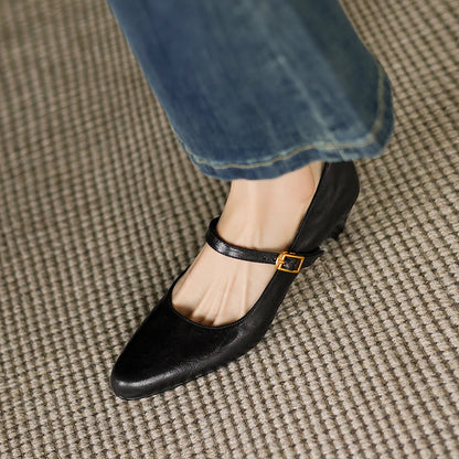 2025 New Spring Women Pumps Sheepskin Leather Women Shoes Pointed Toe Med Heel Concise Slip-on Shallow Handmade Shoes Mary Janes