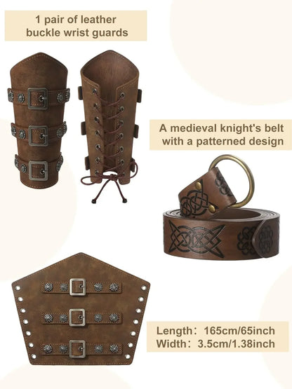 4 Pcs Halloween Men's Renaissance Costume Set Medieval Pirate Shirt Ankle Banded Pants Viking Belt Accessories