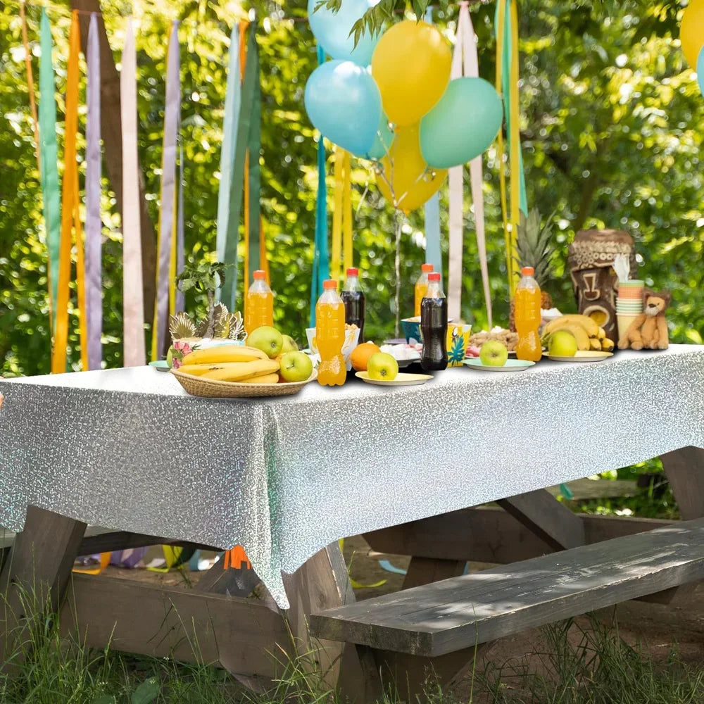 Shiny Silver Tableware Set Metallic Paper Plates Cups Holographic Tablecloth For Adult Birthday Wedding Party Decorations