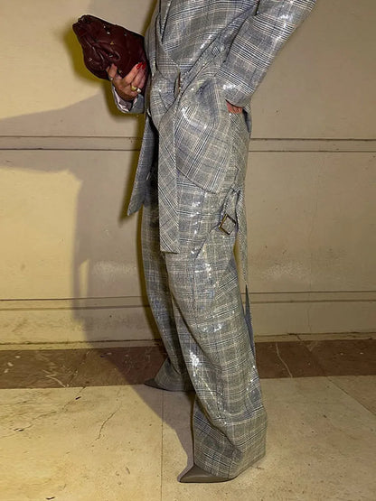 Elegant Sequin Stripe Lapel Neck Top Pant Sets Women Fashion Single Breasted Shine Ribbon Coat Leg Loose Pants Set Female Sets