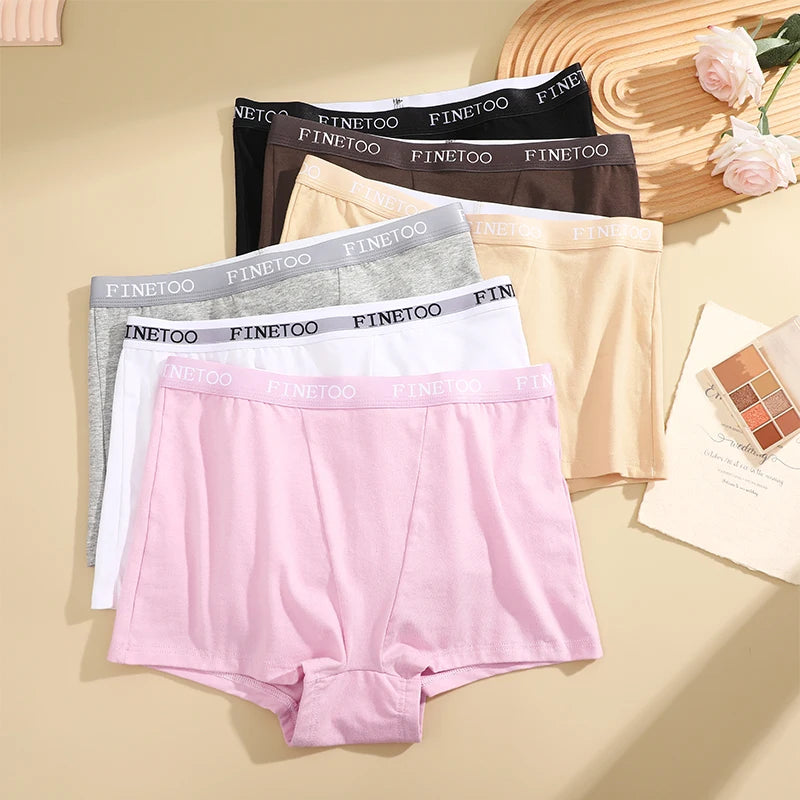FINETOO 6Pcs Women Cotton Panties Mid Rise Stretch Logo Waistband Boxer Briefs Soft Breathable Solid Color Seamless No Ride Up Underwear for Daily Yoga Workout Leggings Anti Chafe Hip Coverage Short Underpants