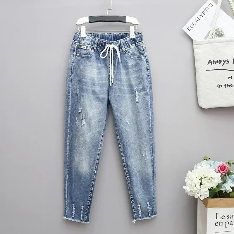 XL-6XL Plus Size jeans for Women Mom Jeans Woman Elastic High Waist Blue Baggy Jeans Denim Ripped Jeans Female Harem Pants