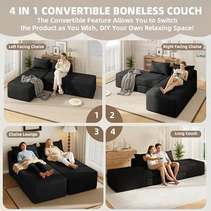 Boneless Sectional Couch, 4 in 1 Convertible Cloud Couch with Reversible Chaise & Deep Seat, Modular Sectional Sofa for