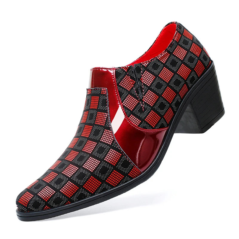 Red PU Leather Business Suit High Heels Men's Shoes Pointed Toe Slip-on Elegant Party Wedding Shoes Thick Sole Boots for Man