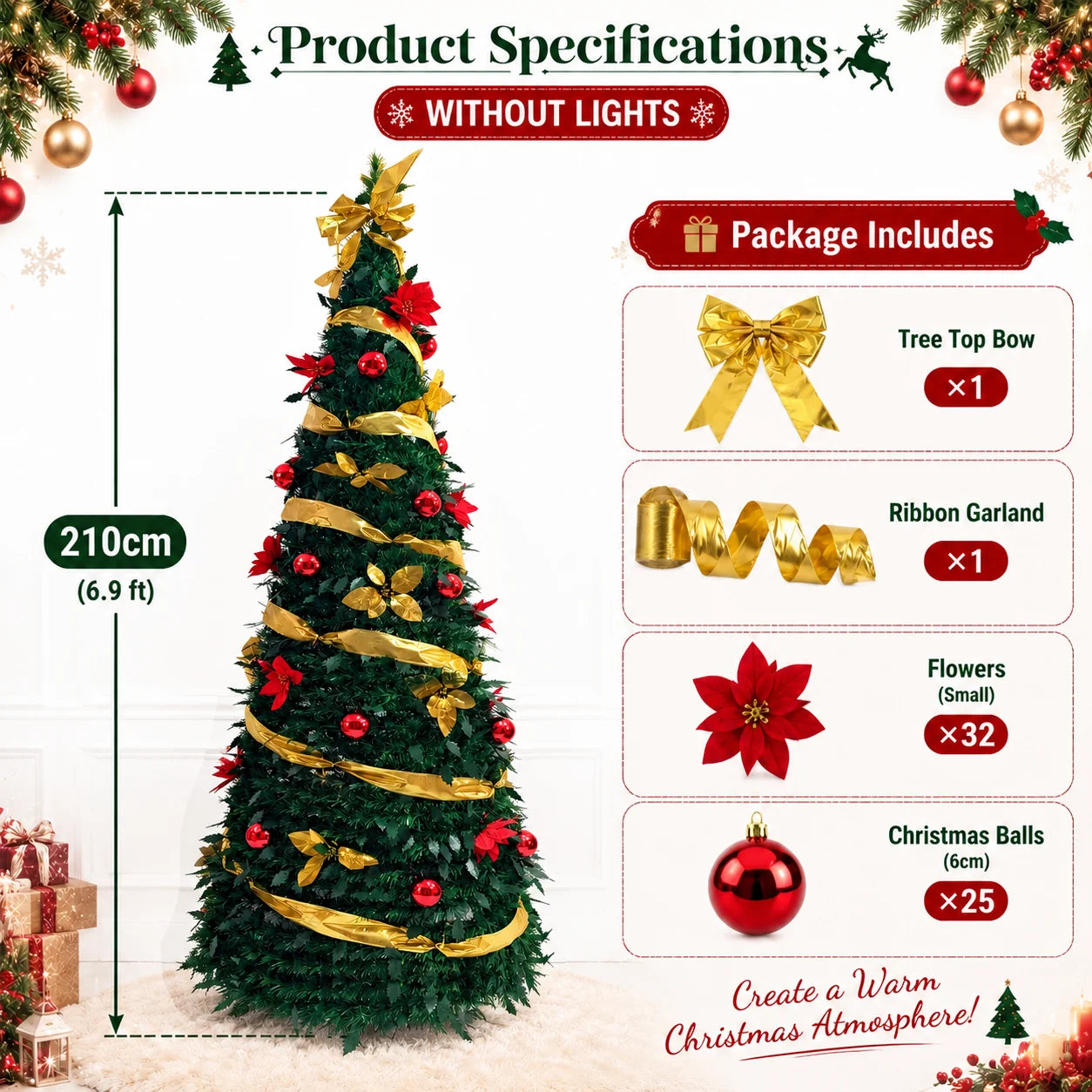 Green PVC Christmas Tree 1.5/1.8/2.1M Pre-Decorated Bow Topper Flowers,Foldable Xmas Tree Optional USB Lights Holiday Home Decor