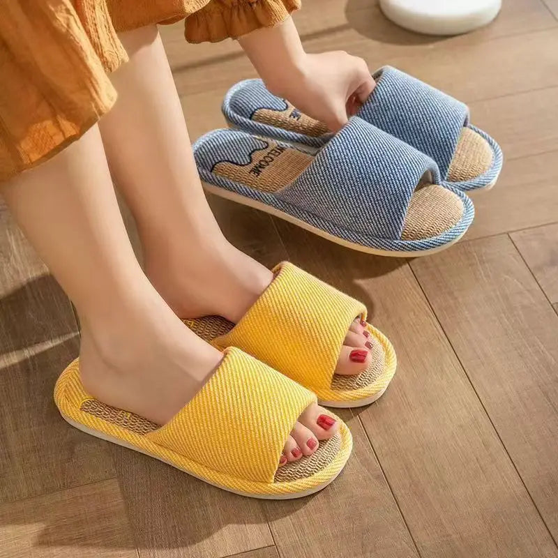 Women Linen Slippers Four Seasons Women Indoor Sandals Adults Cartoon Slides Couples Open toed Breathable Home Shoes