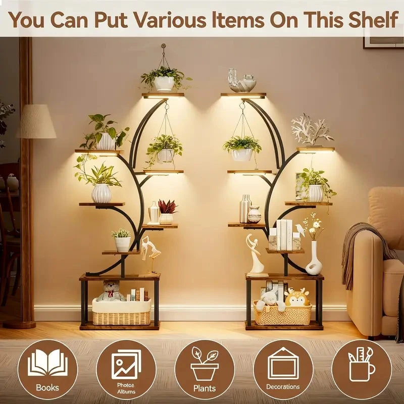8‑Tier Metal Plant Stand with LED Grow Lights, Irregular Multi‑Layer Flower Rack for Multiple Potted Plants, Heavy Duty Plant Display Shelf for Indoor Patio Living Room Study Bedroom, Ideal Gift for Plant Lovers