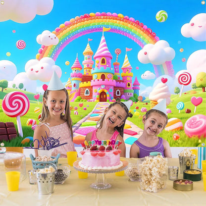 Candyland Backdrop Fantasy Candy Theme Castle Lollipop Party Banner for Girls Birthday Decor Photography Background Photo Booth