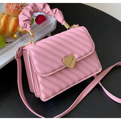 Women Shoulder Bags Fashion Rhombus Ladies Crossbody Handbag Girls' Totes Bags Student Coin Pack Pleated Metal Heart Shape Trim