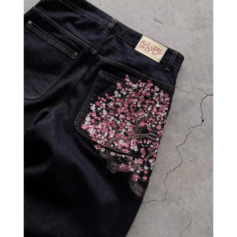 Sakura embroidered jeans Personalized street fashion wide legs wide legs multifunctional washing spread couple hip hop pants
