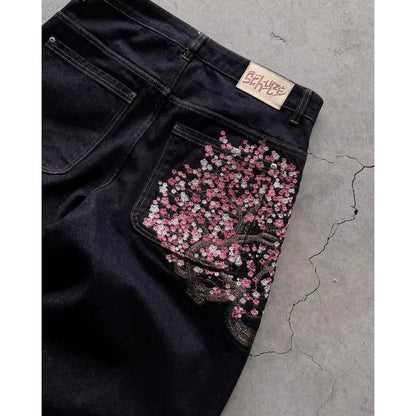 Sakura embroidered jeans Personalized street fashion wide legs wide legs multifunctional washing spread couple hip hop pants