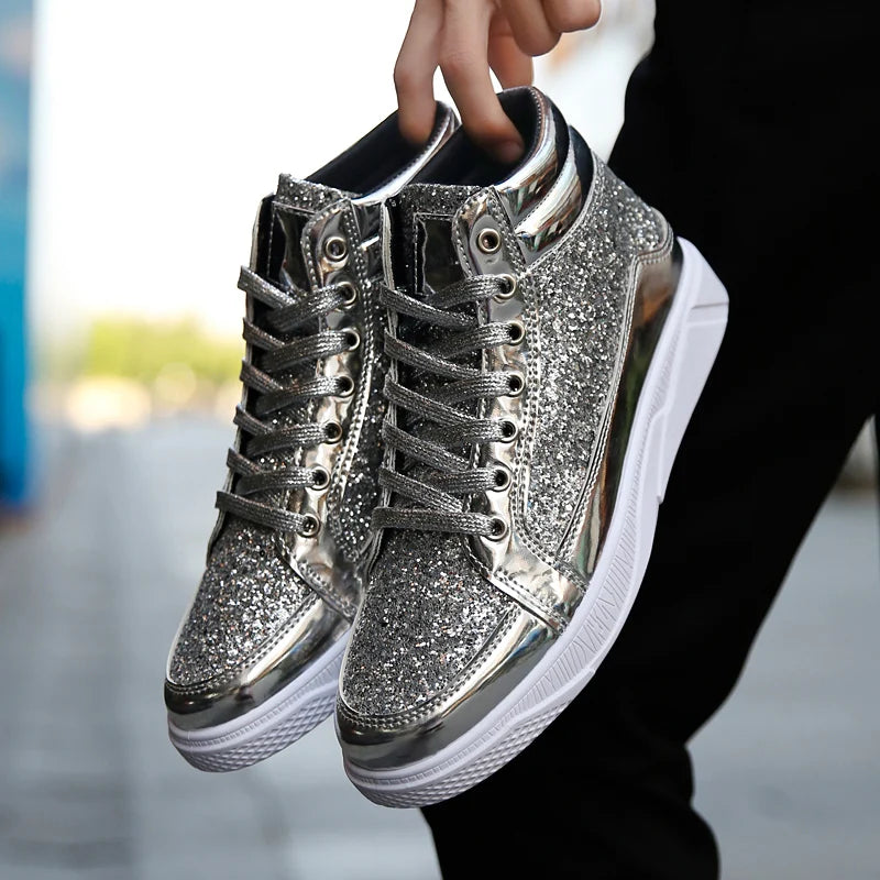 Men's Glitter High Top Sneakers Shiny Party Stage Shoes Casual Fashion Footwear Tênis Alto Brilhante Zapatillas Altas Brillantes