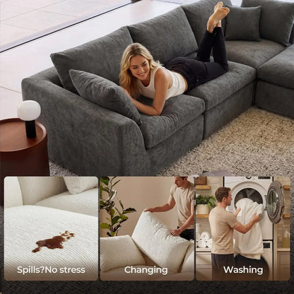 108" Cloud Sectional Couch with 2 Washable Cover Sets | L-Shaped Modular Sofa with Ottoman, Deep Seat Couch for living room