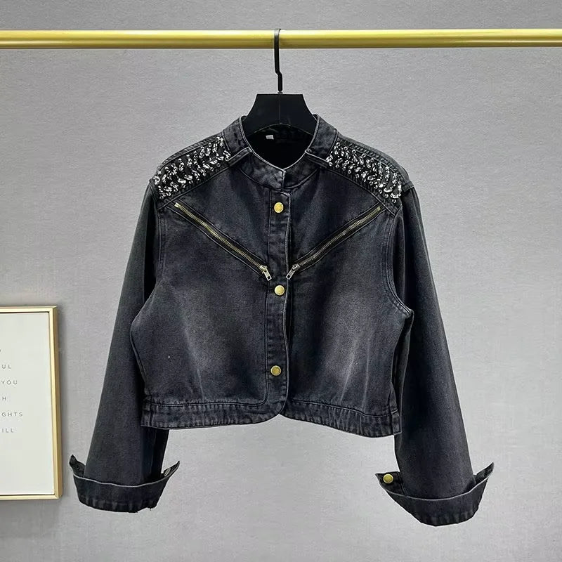 New Classical Metal Ribs Buckle Design Washed Breathable Vintage Short Denim Jacket for Ladies Autumn Winter Summer Nylon/Cotton