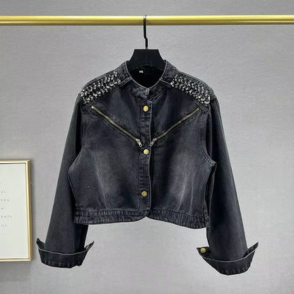 New Classical Metal Ribs Buckle Design Washed Breathable Vintage Short Denim Jacket for Ladies Autumn Winter Summer Nylon/Cotton