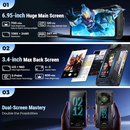 Ulefone Armor 33 Pro 5G Rugged Phone 25500mAh 512GB ROM 6.95” 120Hz 3.4" Rear Screen NFC Android Smartphone