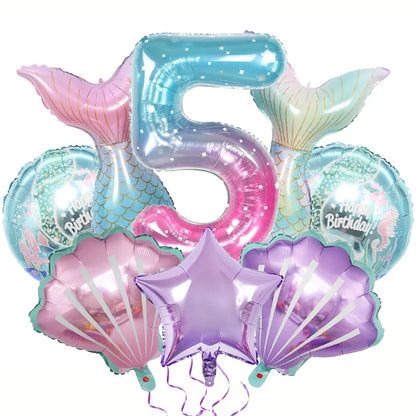 8pcs Mermaid Balloons set Shell Mermaid Foil Balloons 32inch Number Balloon 1-9 for Kids Girls 1-9th Birthday Party Decoration