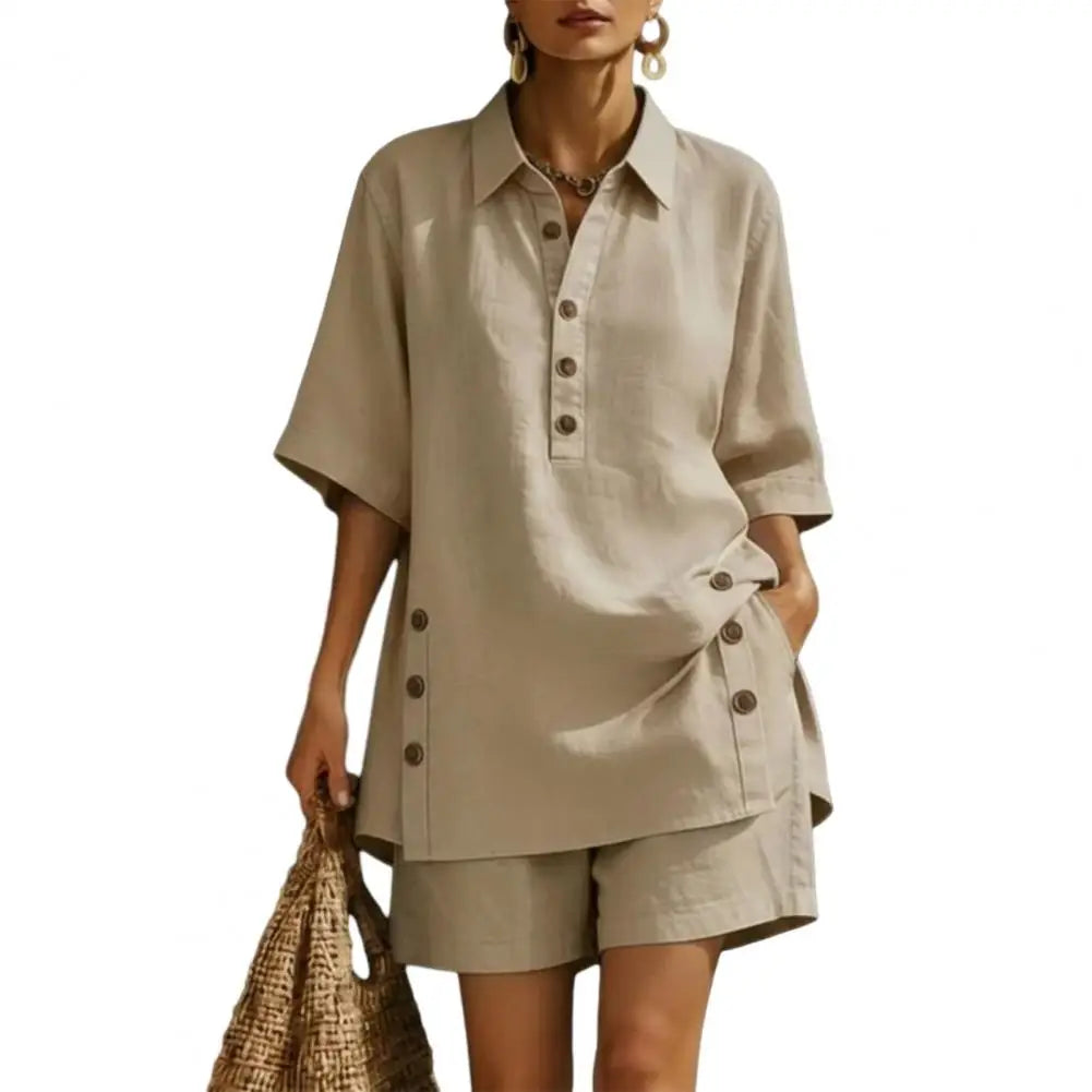 Cotton Linen Set for Women Button Short Sleeve Shirt And Wide Leg Shorts 2 Piece Outfit Summer Casual Beach Lounge Sets