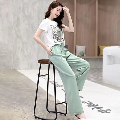 Women Suit 2025 Summer New Korean Style Short Sleeve Tops Fashion Wide Leg Pants 2 Two Piece Set Casual Plus Size Female Outfits
