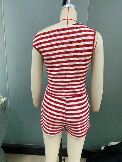 Women's Summer Short Two-piece Set New Vacation Style Striped Slim Fit Slim  Slimming Vest Hip Hugging Short Pants Set For Women