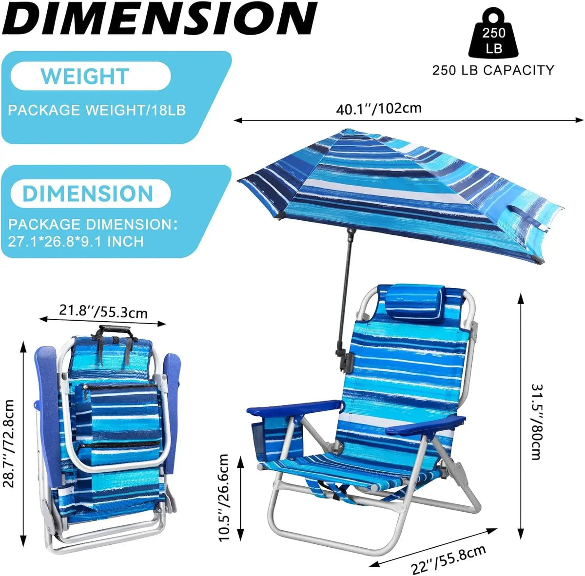 Backpack Beach Chair with Adjustable Umbrella, Folding Lounge Chair for Adults, Includes Cup Holder