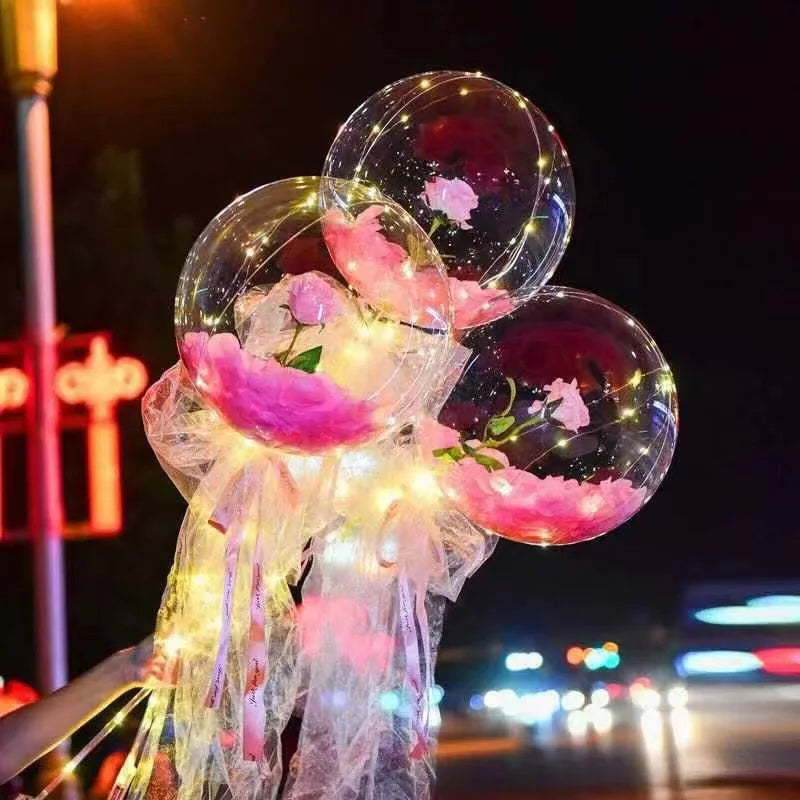LED Luminous Balloon Rose Bouquet Light Transparent Balloons Flower for Wedding Party Valentines Day Decor Birthday Thanksgiving