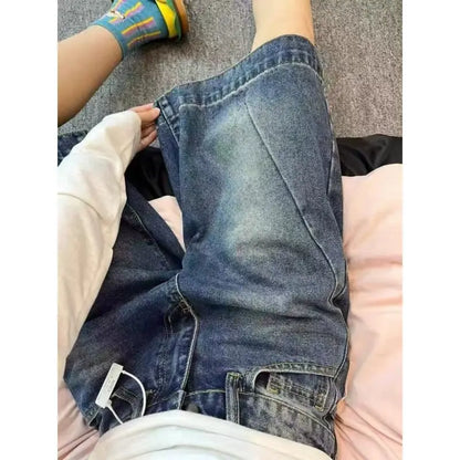 Blue Loose Wide Leg Denim Shorts Women's Summer New Design High Waist Loose Slim Straight Five-Quarter Pants