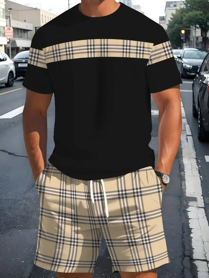 Men's Classic Stripe Printed T-Shirt Shorts Set Plus Size Short Sleeve T-Shirt and Drawstring Shorts Summer Casual Two Piece Set