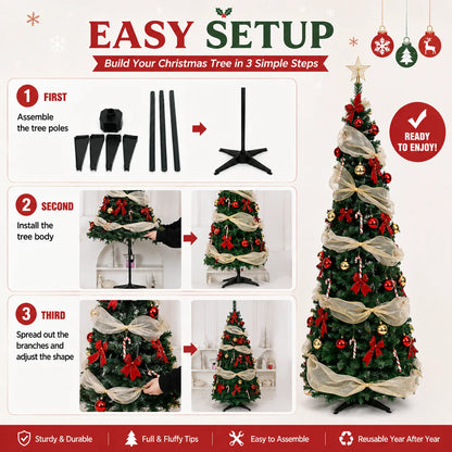 Artificial Christmas Tree with Lights Red Gold Decorations PVC Xmas Tree Easy Assembly 150/180/210cm Holiday Home Decor