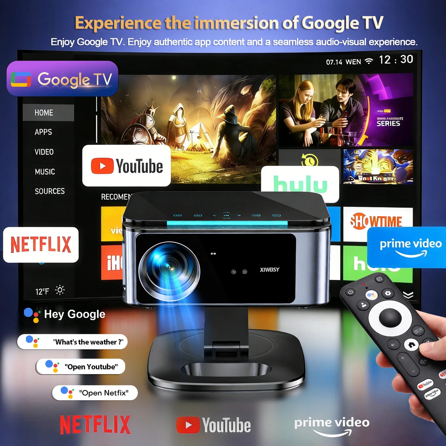 XIWBSY 3200ANSI T07Plus Google Voice Projector Android 14.0 Netflix Projector BT5.4 Wifi6 Home Theater Google TV Projector