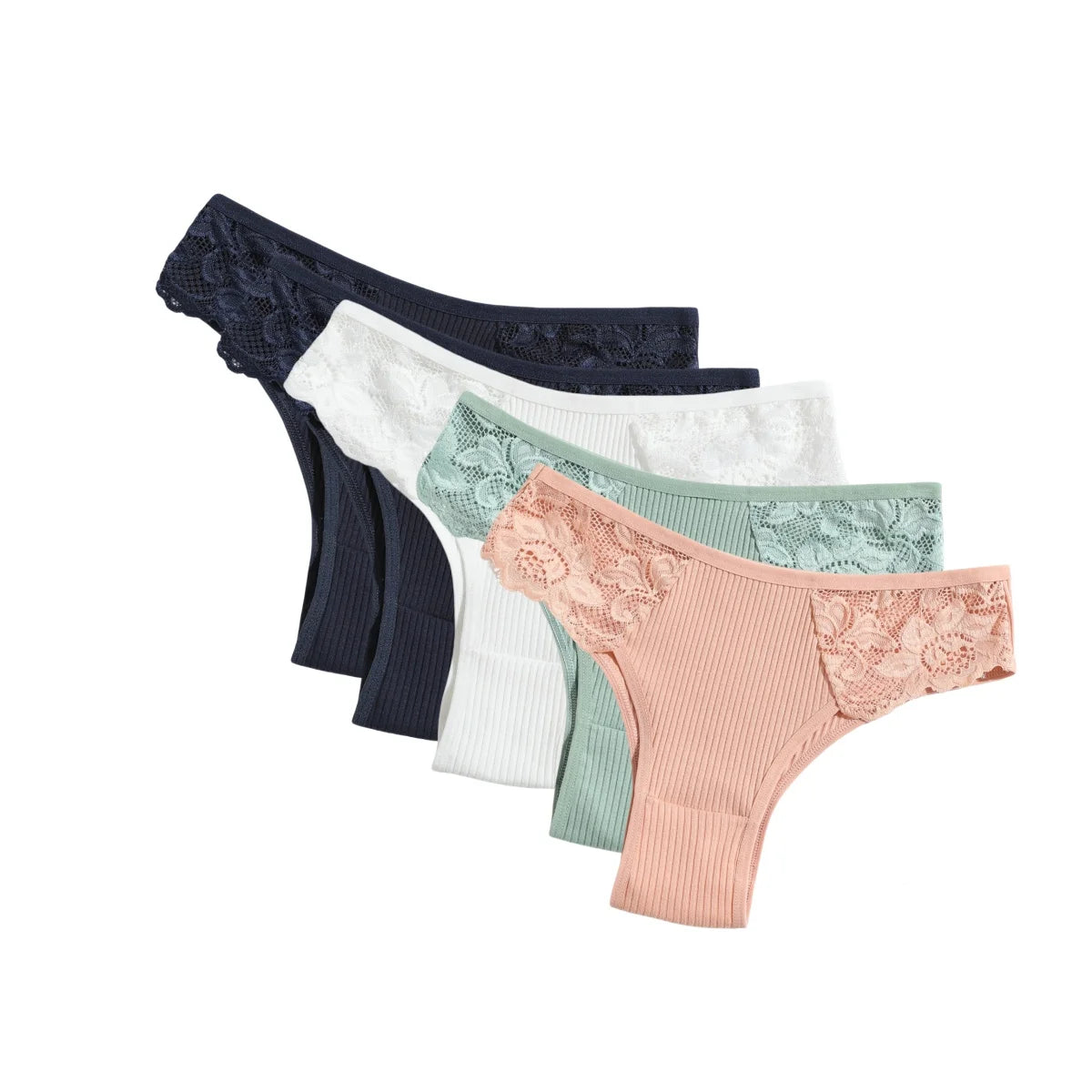 5Pcs/Set Women Cotton Panties Floral Lace Side Panel Low Rise Rib Briefs Low Cut Underwear Comfort Sexy Lingerie Daily Bikini