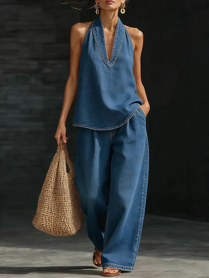 Women's Solid Color Denim 2 Piece Set Halter V-Neck Sleeveless Top High Waist Wide Leg Jeans Casual Vacation & Streetwear Outfit